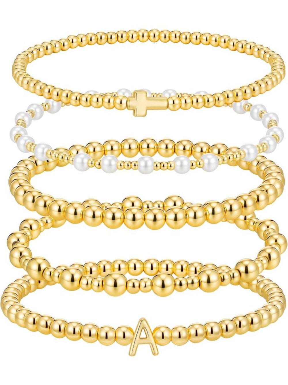 5PCS Gold Stackable Bracelets Set for Women - Waterproof, Non-Tarnish Beaded